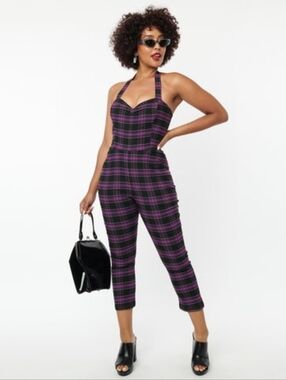 Unique Vintage Purple Plaid Halter Jumpsuit sz Medium 6/8